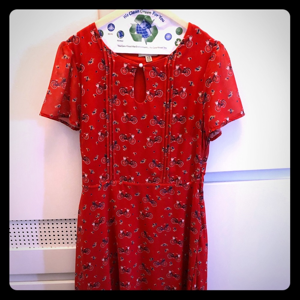 Vintage style red dress with bicycles & waist tie